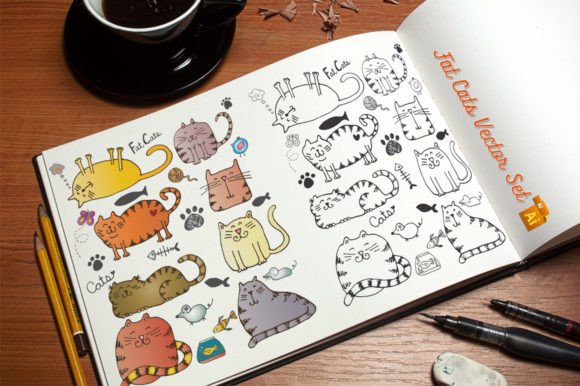 Fat Cats Vector Set: Hand-Drawn Digital Art